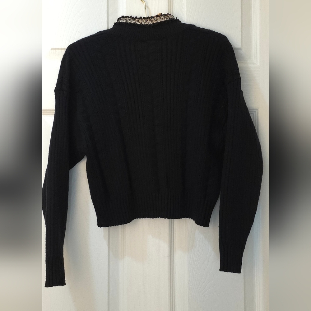 Cider Black Preppy Cable Knit Cardigan w/ Golden Trim & Buttons Size M - Picture 4 of 7